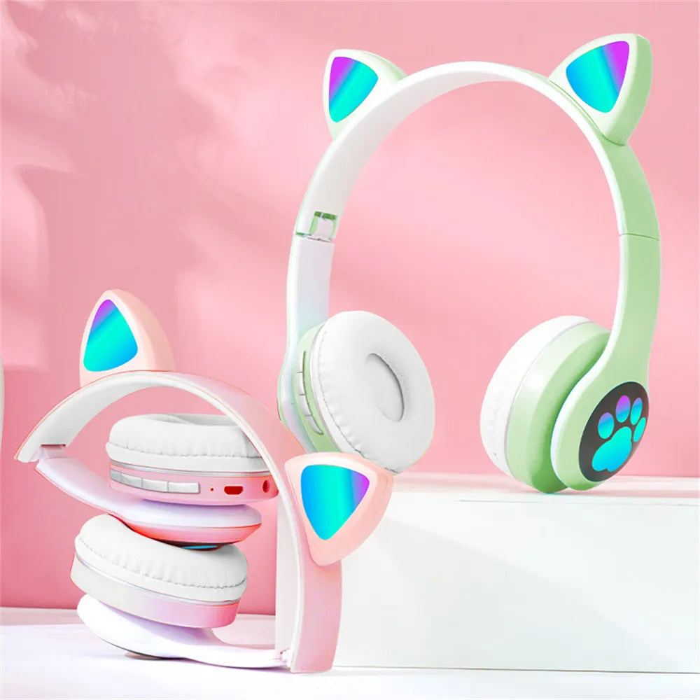 Wireless Headphone Bluetooth 5.0 Cute Cat Ear RGB Light Headband Helmet Headset Girls Kids Earphone With Microphone For Phone PC