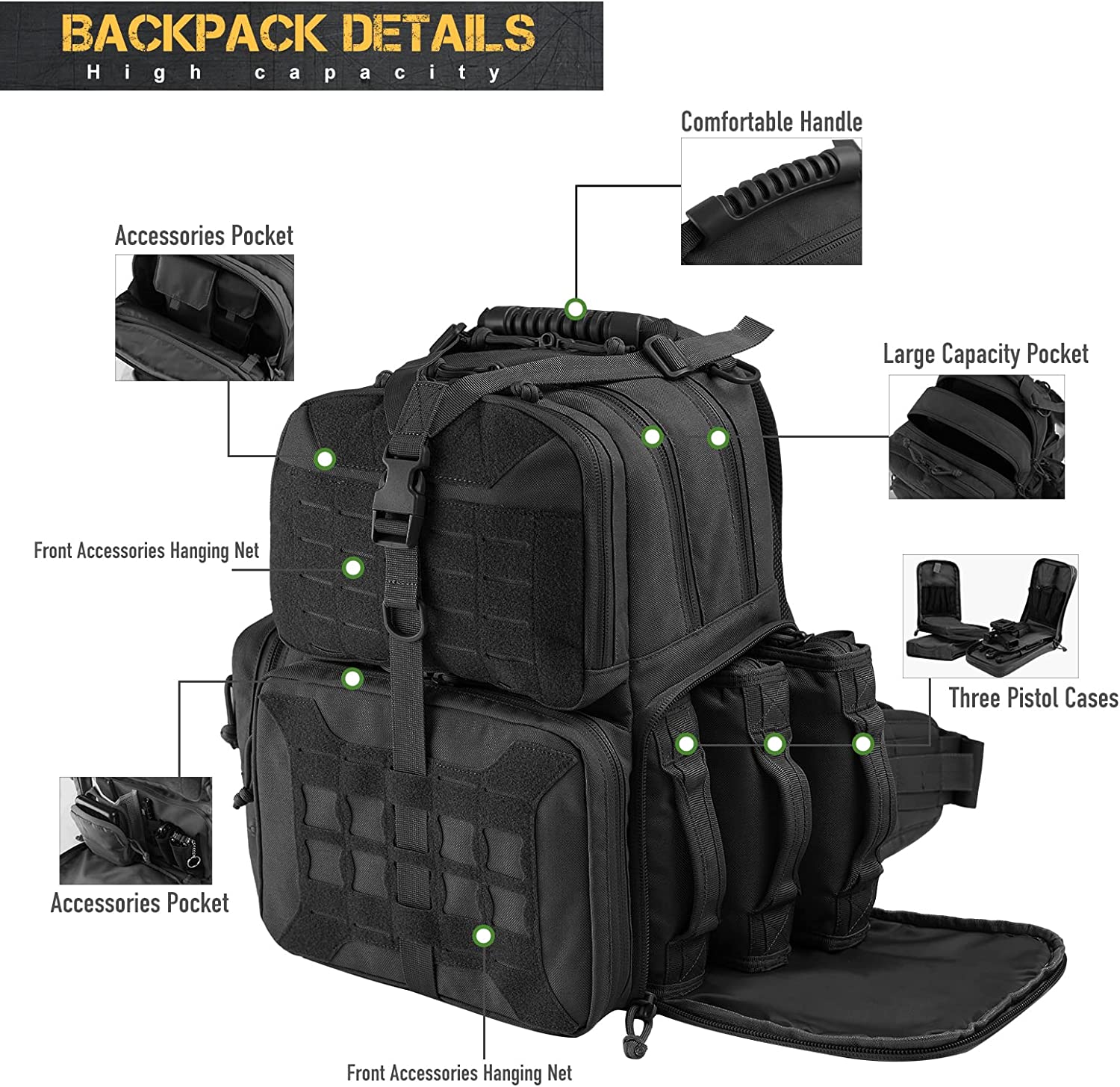 Tactical Range Backpack Bag, VOTAGOO Range Activity Bag For Handguns And Ammo, 3 Pistol Carrying Case For Hunting Shooting