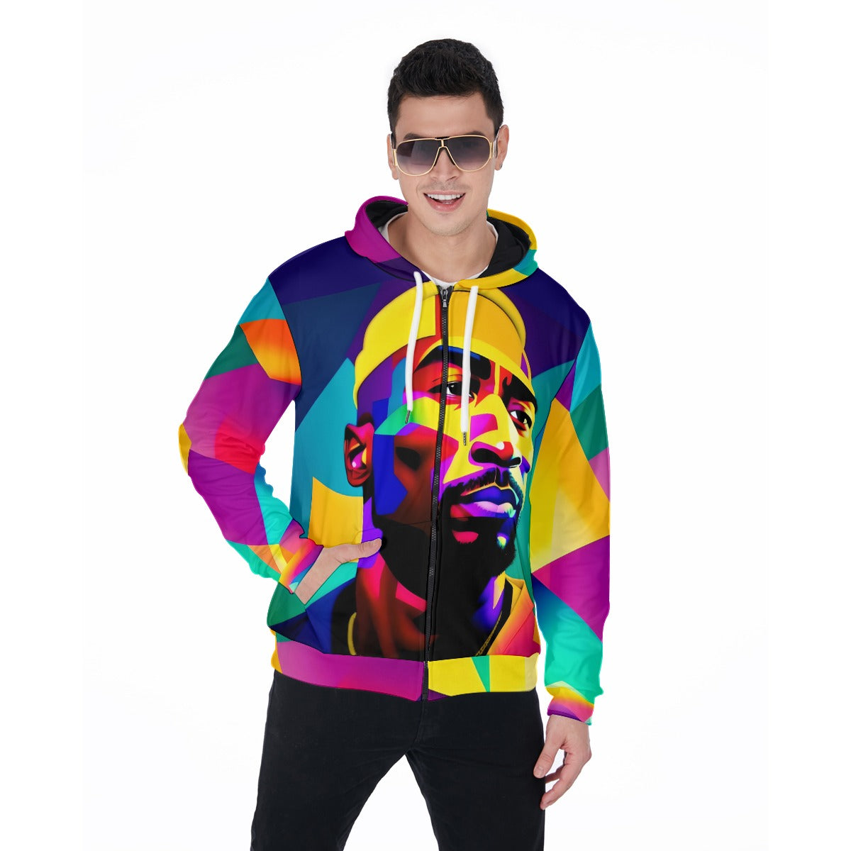 4386D All-Over Print TUPAC Abstract Art Zip Up Hoodie With Pocket