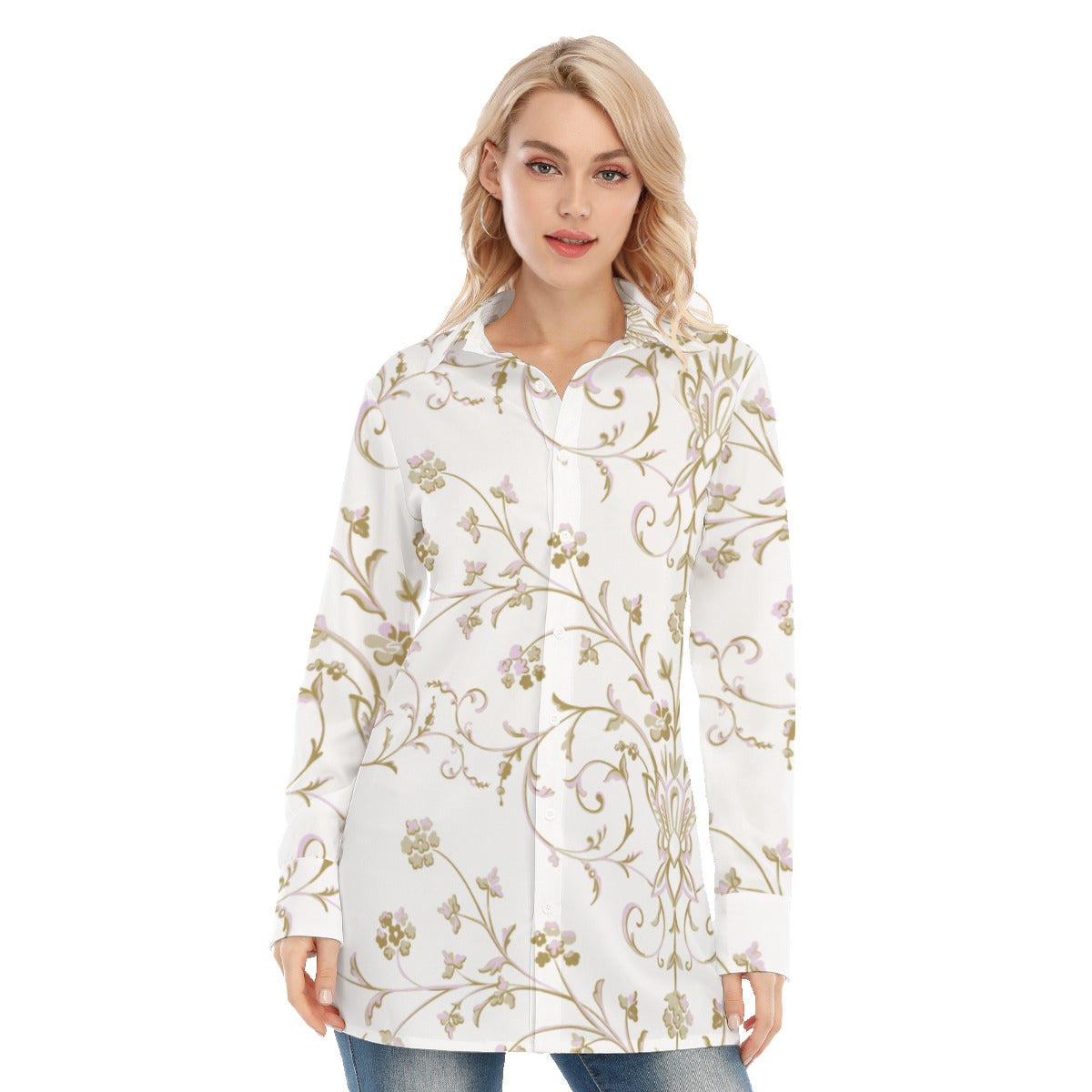 3R9FP All-Over Print Women's Long Shirt |115GSM  98% Cotton and 2% spandex