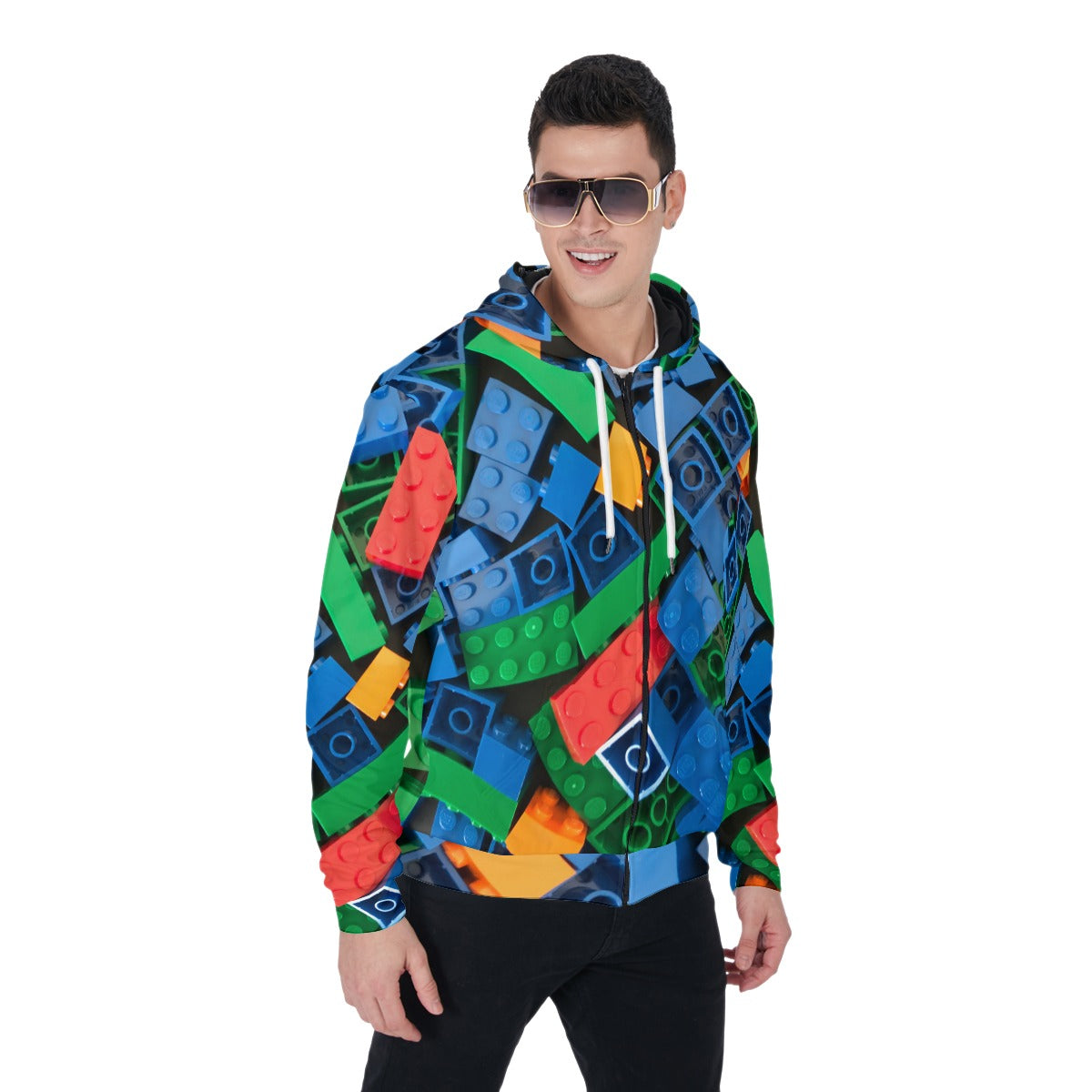 3D Printed Unisex Blue Lego Style Zip Up Hoodie