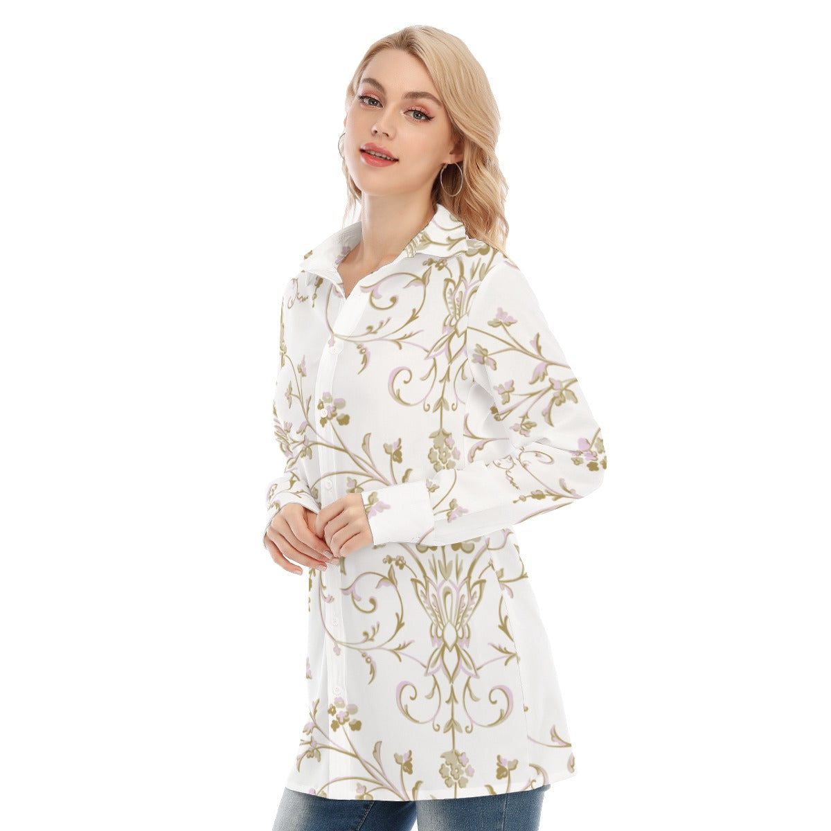 3R9FP All-Over Print Women's Long Shirt |115GSM  98% Cotton and 2% spandex