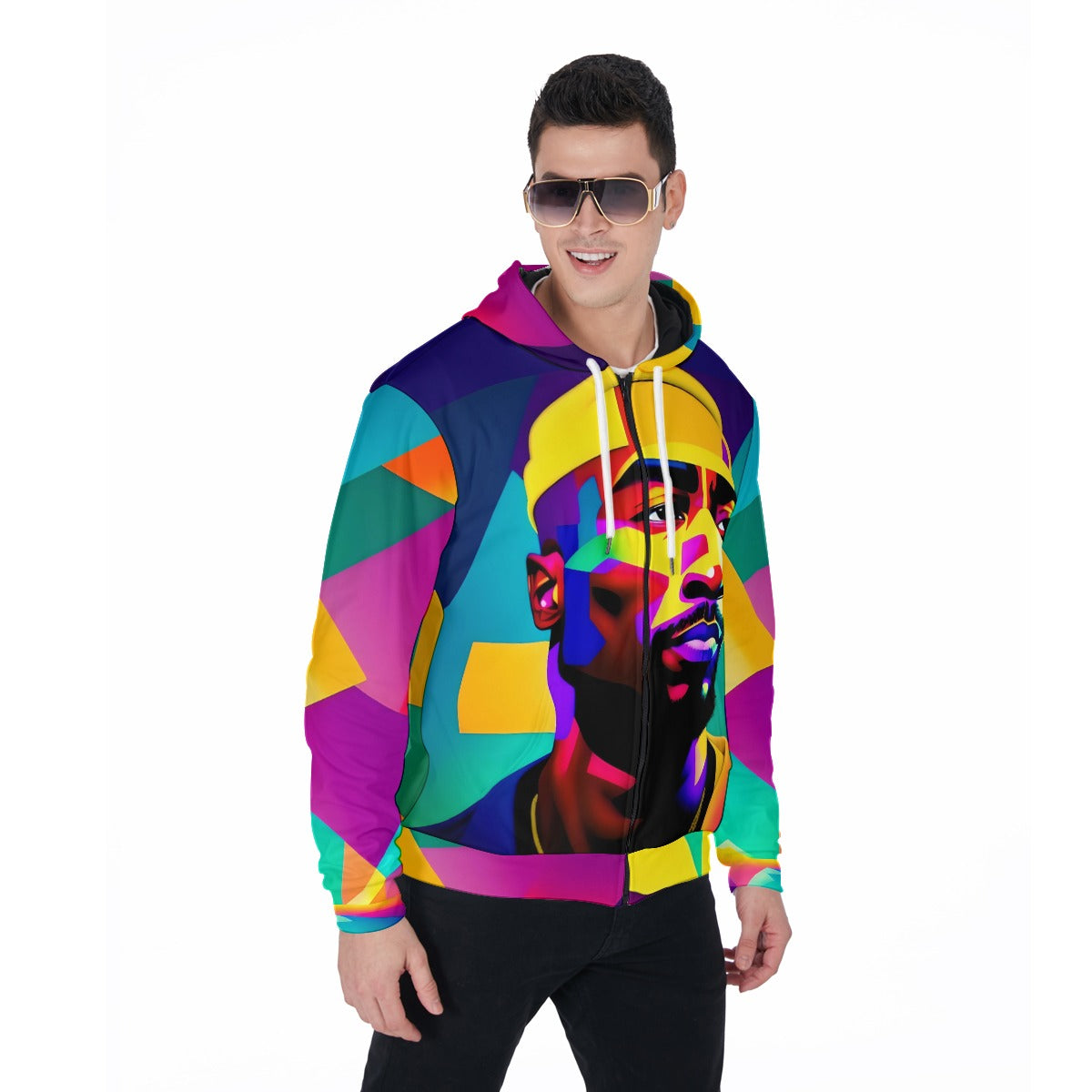 4386D All-Over Print TUPAC Abstract Art Zip Up Hoodie With Pocket