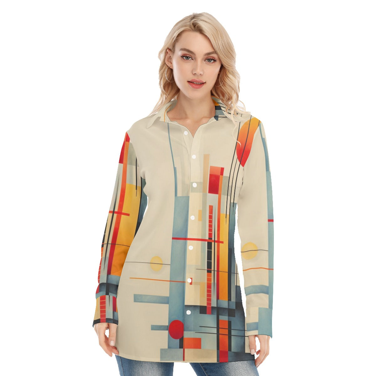 3R9G7 All-Over Print Women's Long Shirt |115GSM 98% Cotton and 2% spandex