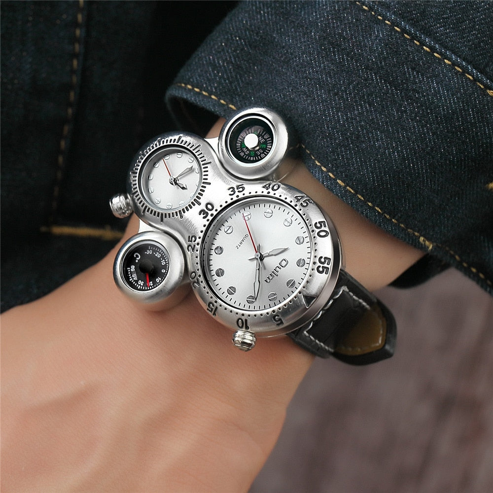 New Unique Design Two Time Zone Watch Decorative Compass and Termometer
