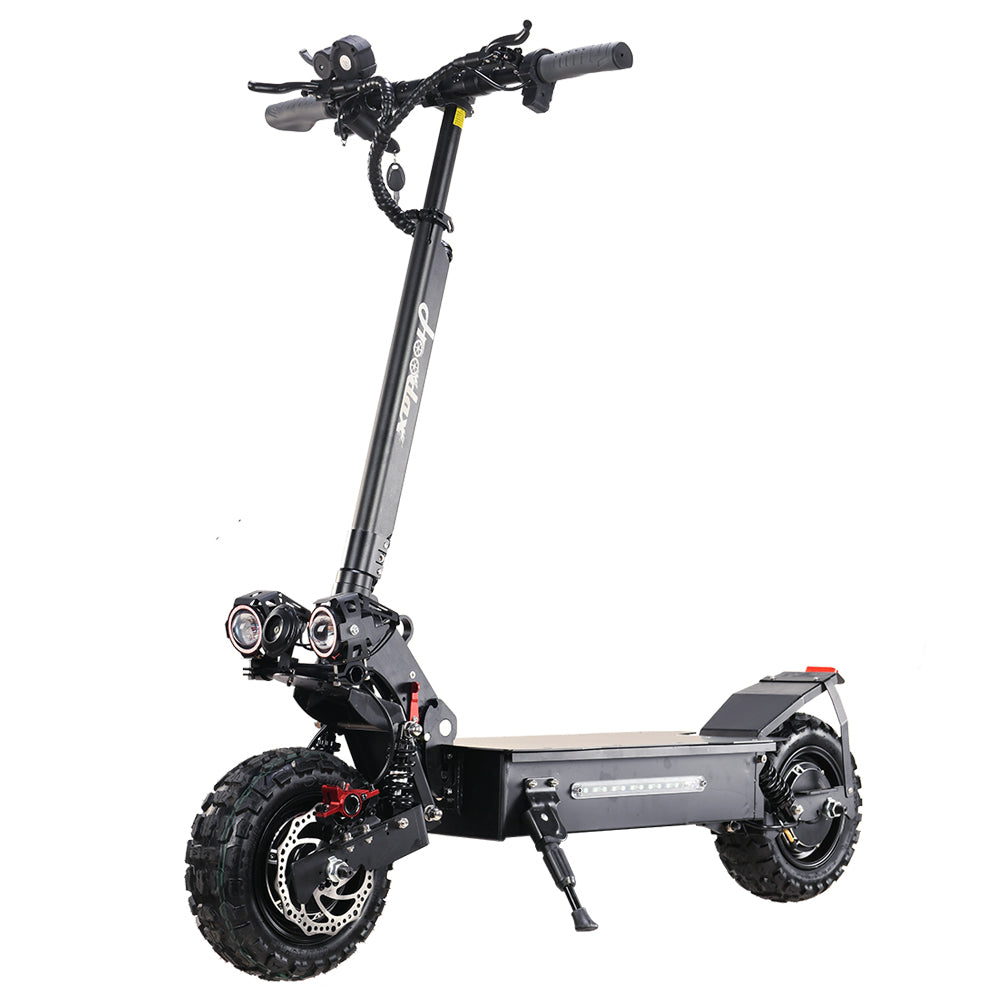 Q06P Sooner off Road Electric Scooter Dual Motor 5600w, 60v 35ah battery, max speed 50-62mph, max range 62 miles with LED Legs Stand.