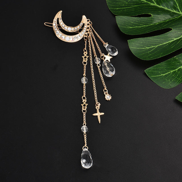 Fashion Elegant Women Lady Moon Rhinestone Crystal Tassel with Long Chain Beads Dangle Hairpin