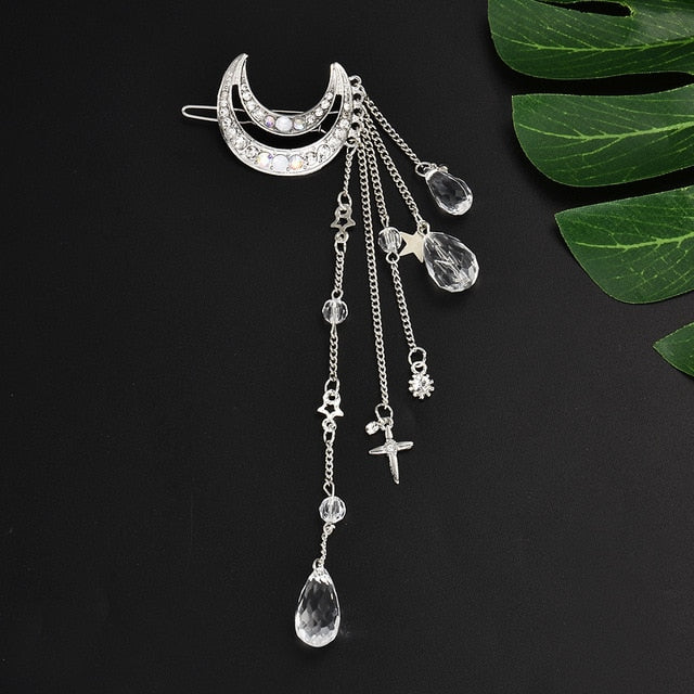 Fashion Elegant Women Lady Moon Rhinestone Crystal Tassel with Long Chain Beads Dangle Hairpin