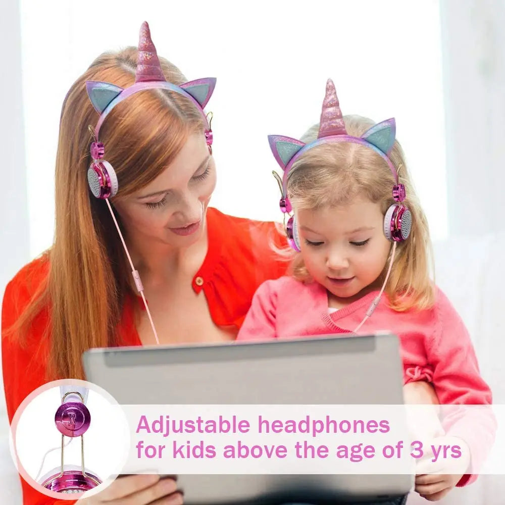 Unicorn Kids Pink Headphones for Girls Children Teens Wired Headset w/Microphonefor School Birthday Xmas Unicorn Gift
