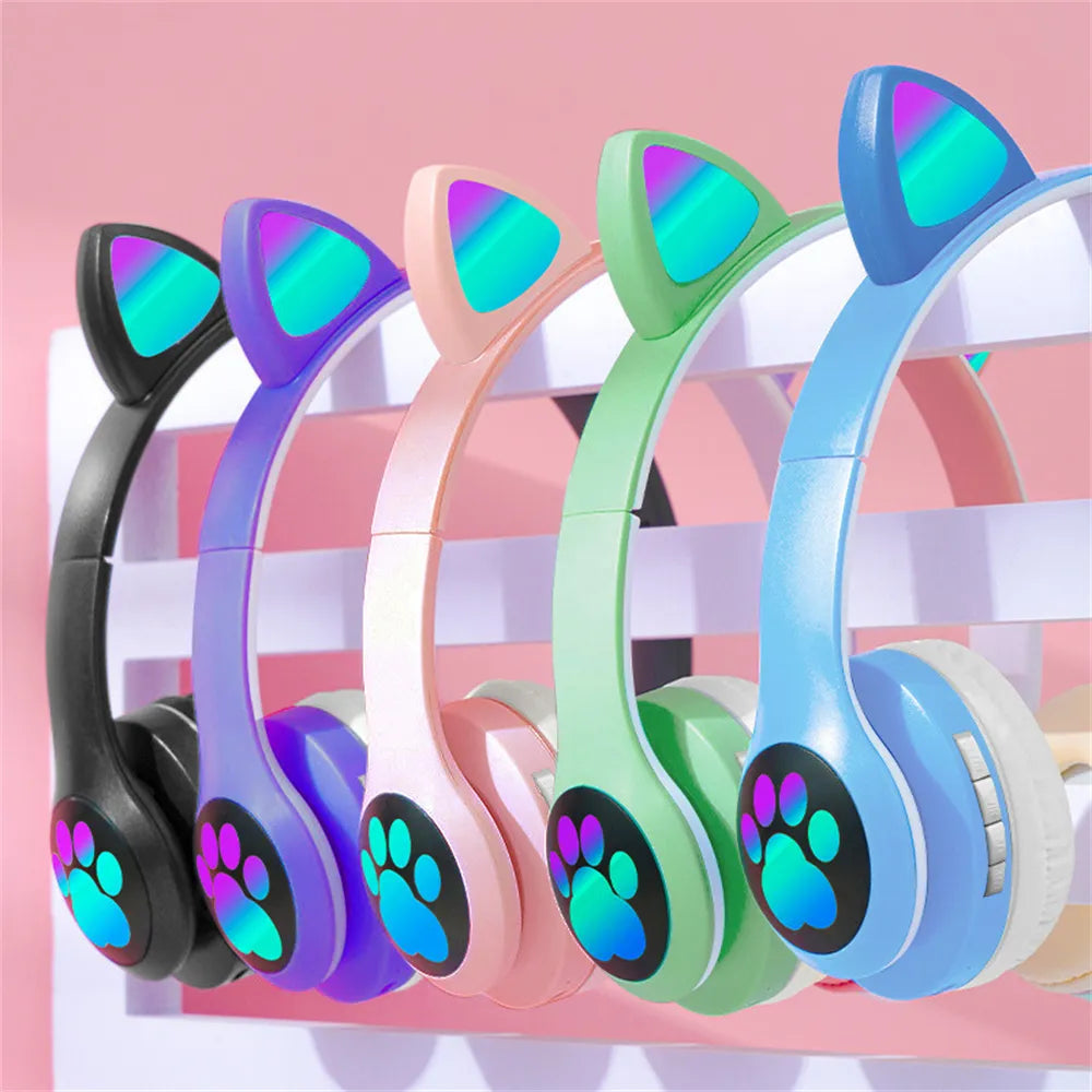 Wireless Headphone Bluetooth 5.0 Cute Cat Ear RGB Light Headband Helmet Headset Girls Kids Earphone With Microphone For Phone PC