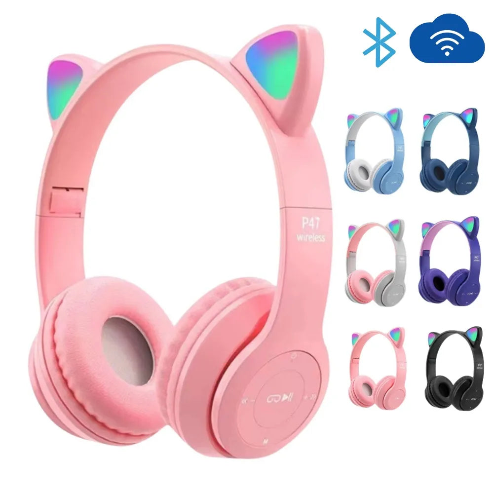 Gaming Headset Cat Ear Bluetooth-Compatible 5.0 Gaming Earphone Wired Headset Stereo Bass Music Earbud for Kids Girls Gift