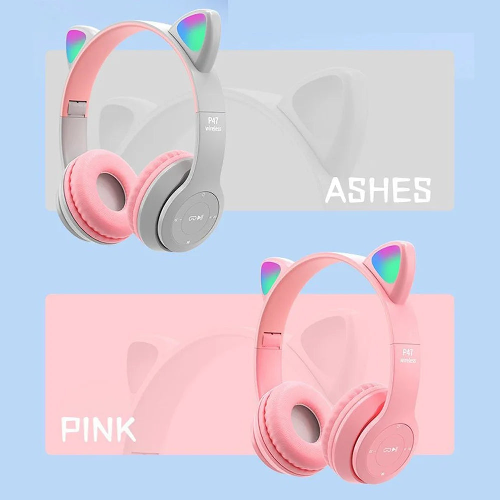 Gaming Headset Cat Ear Bluetooth-Compatible 5.0 Gaming Earphone Wired Headset Stereo Bass Music Earbud for Kids Girls Gift