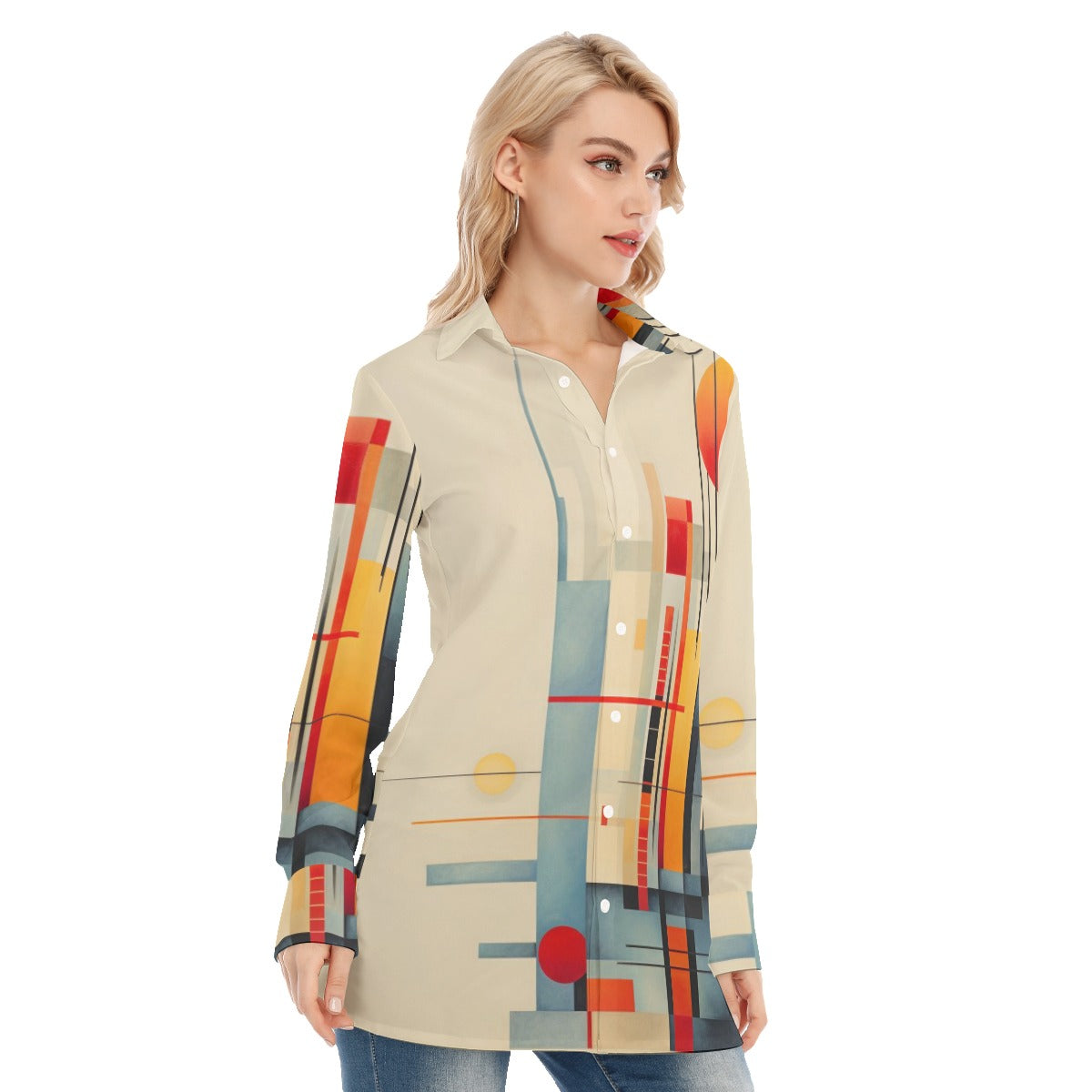 3R9G7 All-Over Print Women's Long Shirt |115GSM 98% Cotton and 2% spandex