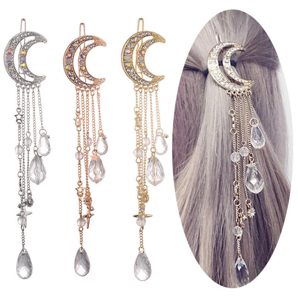 Fashion Elegant Women Lady Moon Rhinestone Crystal Tassel with Long Chain Beads Dangle Hairpin