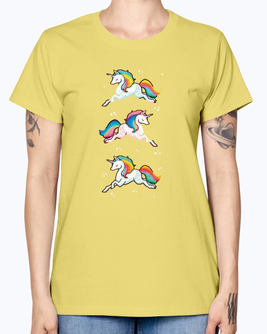 Gildan Ladies Missy T-Shirt. Unicorn rainbow cute