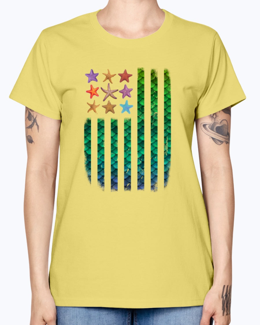 Gildan Ladies Missy T-Shirt. American Mermaid Flag Starfish