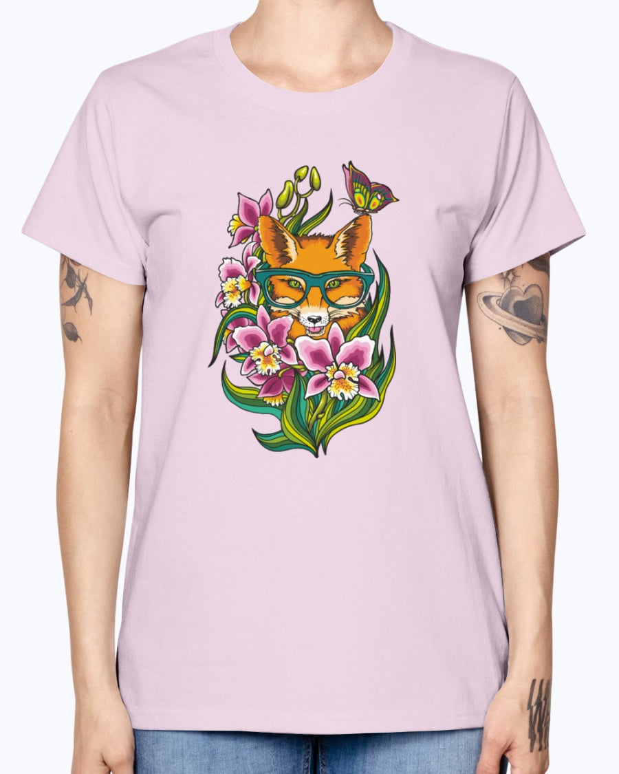 Gildan Ladies Missy T-Shirt 16 Light Colors       Fox in Glasses