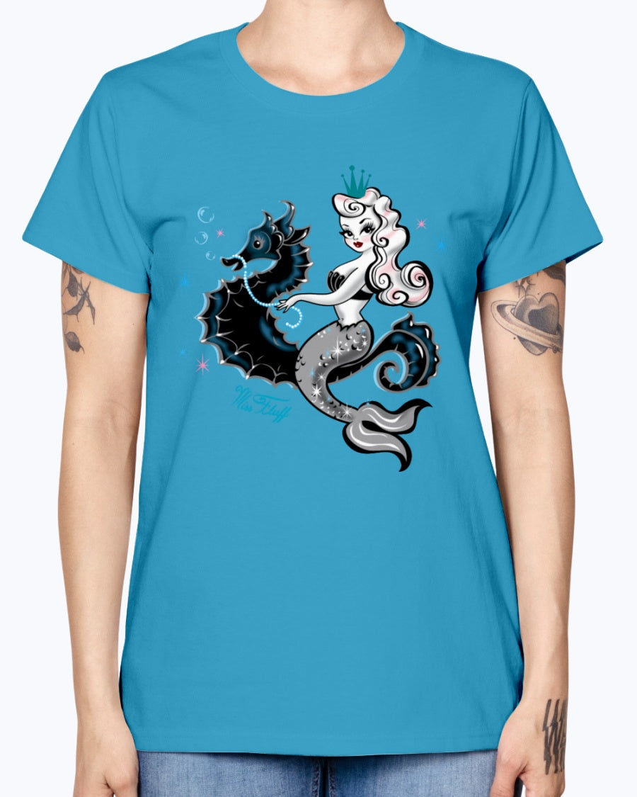 Gildan Ladies Missy T-Shirt. Mermaid Riding A Seahorse