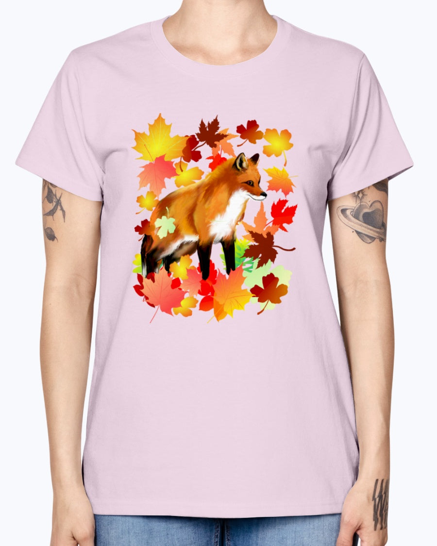 Gildan Ladies Missy T-Shirt 16 Light Colors       A FOX in FALL