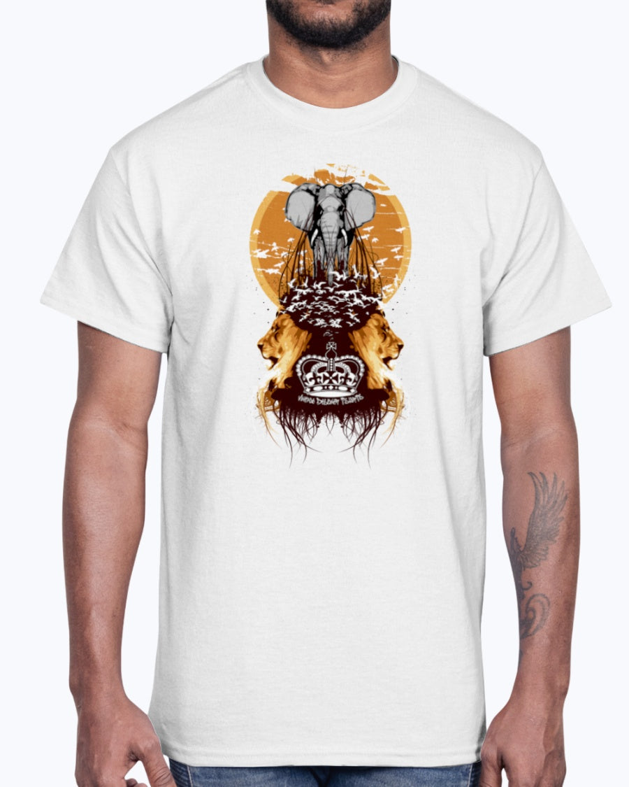 Men's Gildan Ultra Cotton T-Shirt Light coloros. White Elephant, Lions, and Birds Vintage Designer