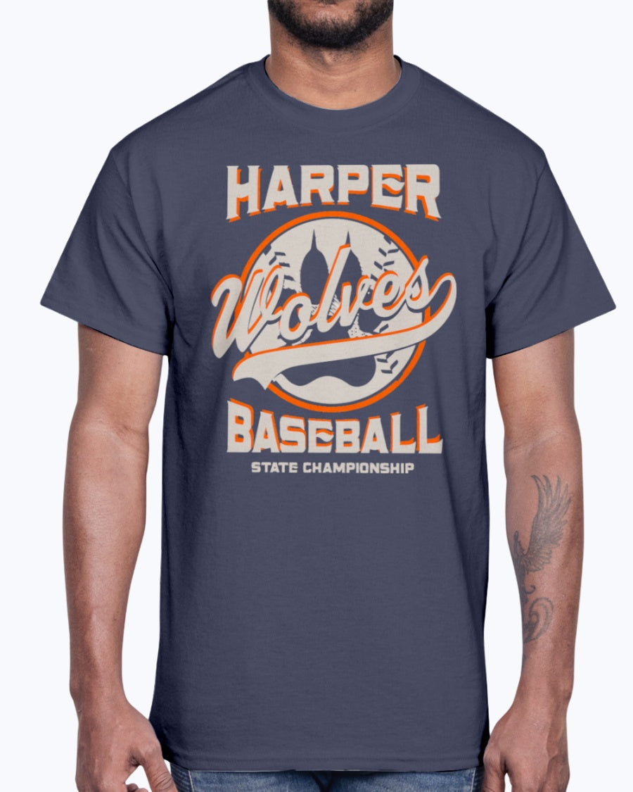 Men's Gildan Ultra Cotton T-Shirt 12 Dark colors. Harper Wolves Baseball State Championship