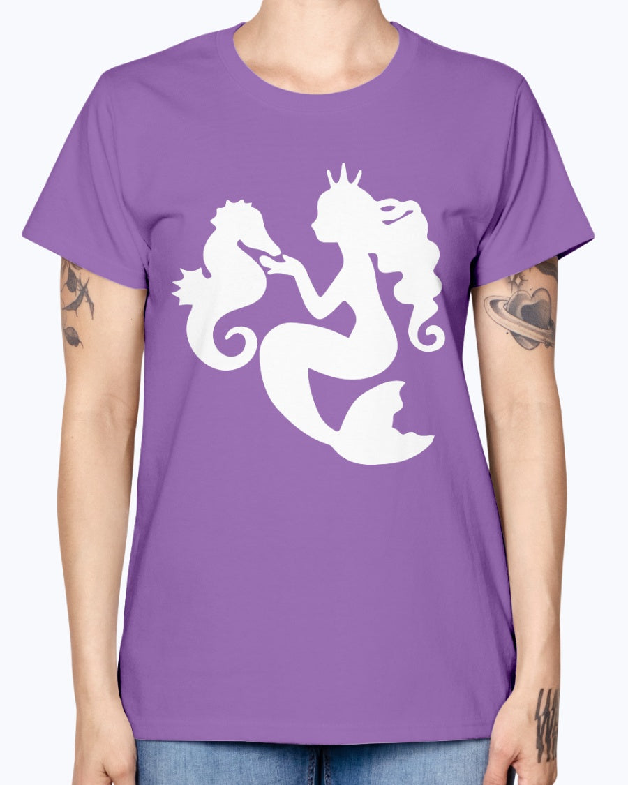 Gildan Ladies Missy T-Shirt. Mermaid& Seahorse.