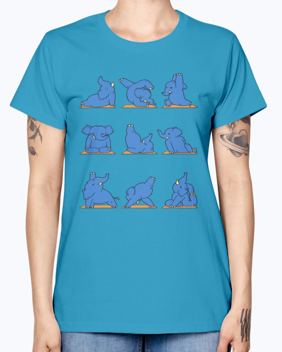 Gildan Ladies Missy T-Shirt.  Funny Elephant Yoga