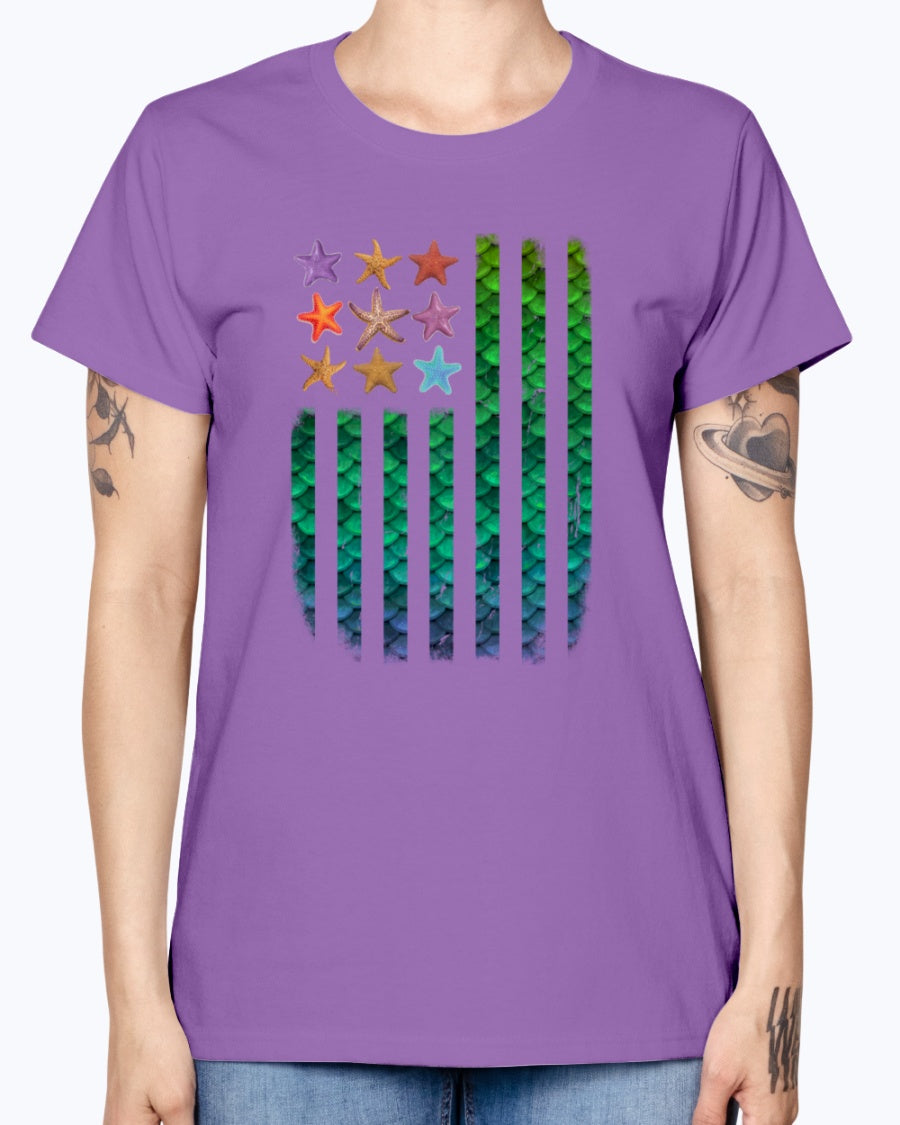 Gildan Ladies Missy T-Shirt. American Mermaid Flag Starfish