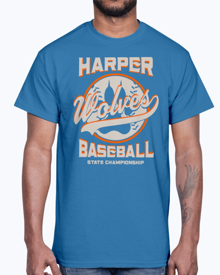 Men's Gildan Ultra Cotton T-Shirt 12 Dark colors. Harper Wolves Baseball State Championship
