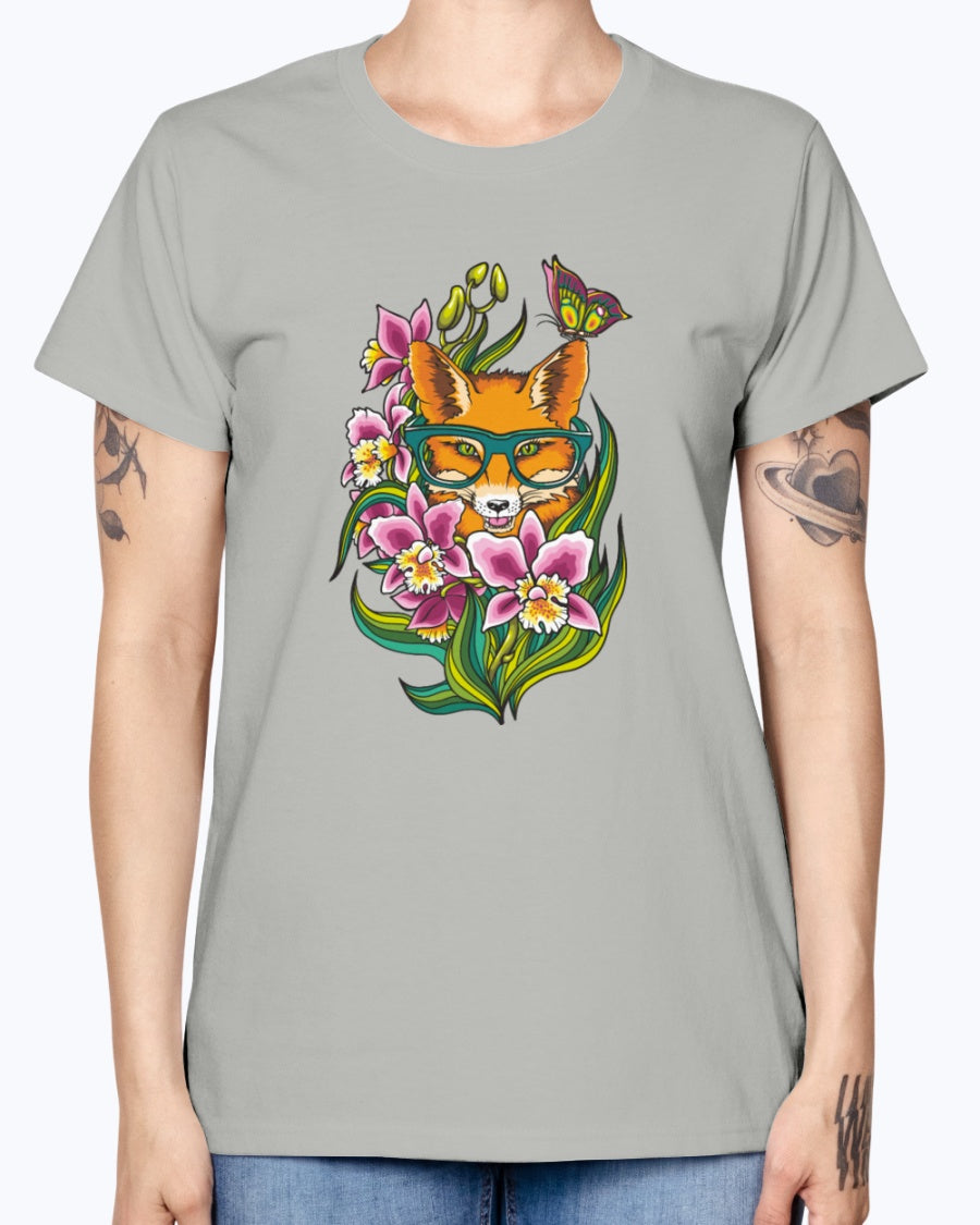 Gildan Ladies Missy T-Shirt 16 Light Colors       Fox in Glasses