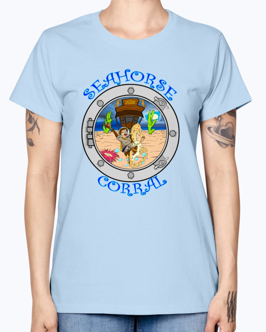 Gildan Ladies Missy T-Shirt. The Seahorse Corral