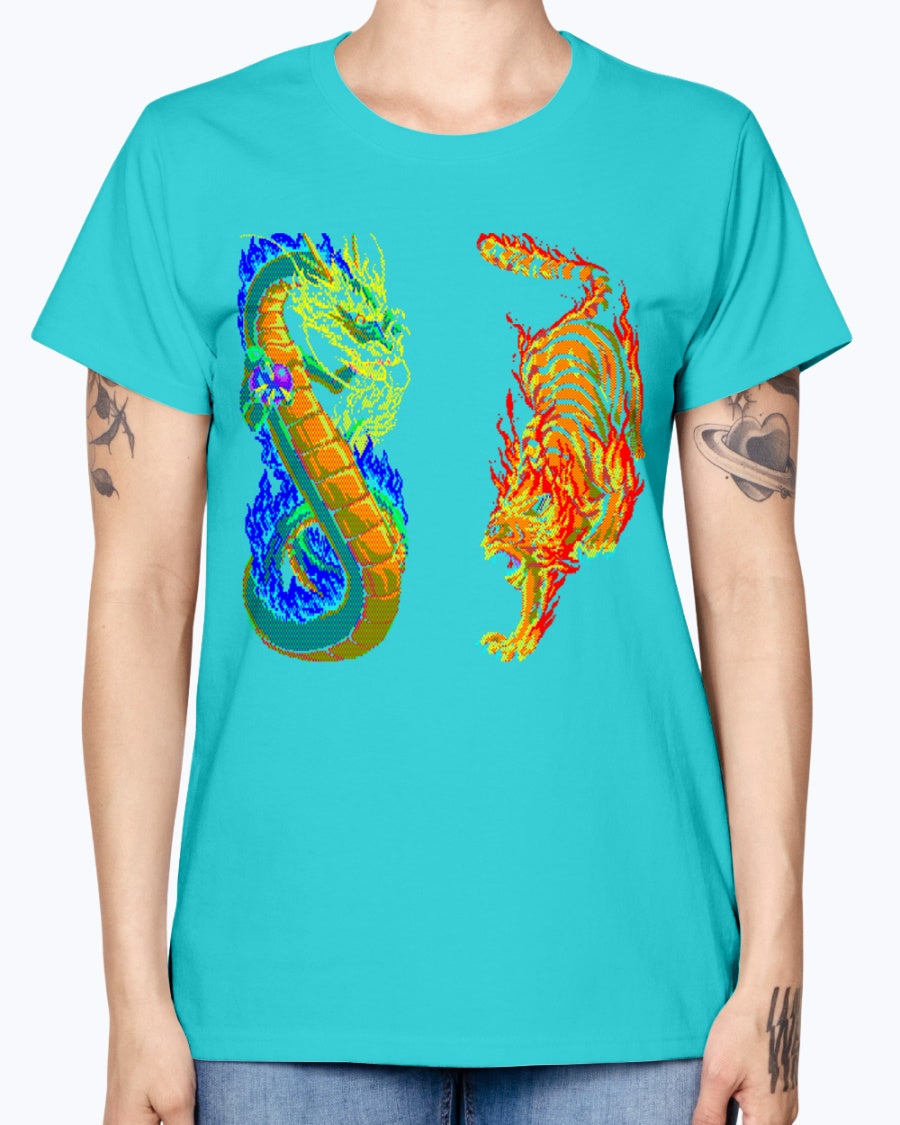 Gildan Ladies Missy T-Shirt 16 colors. Dragon vs Tiger