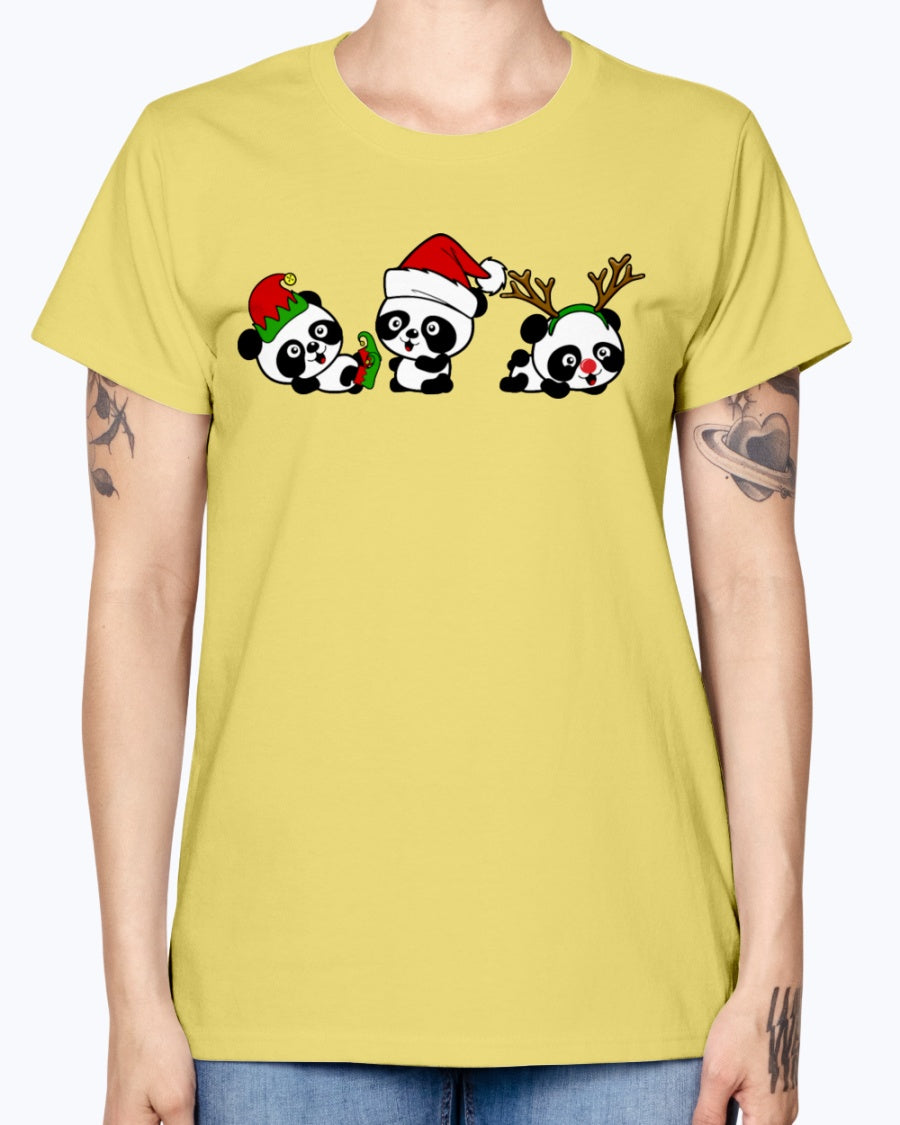 Gildan Ladies Missy T-Shirt. Christmas Pandas.