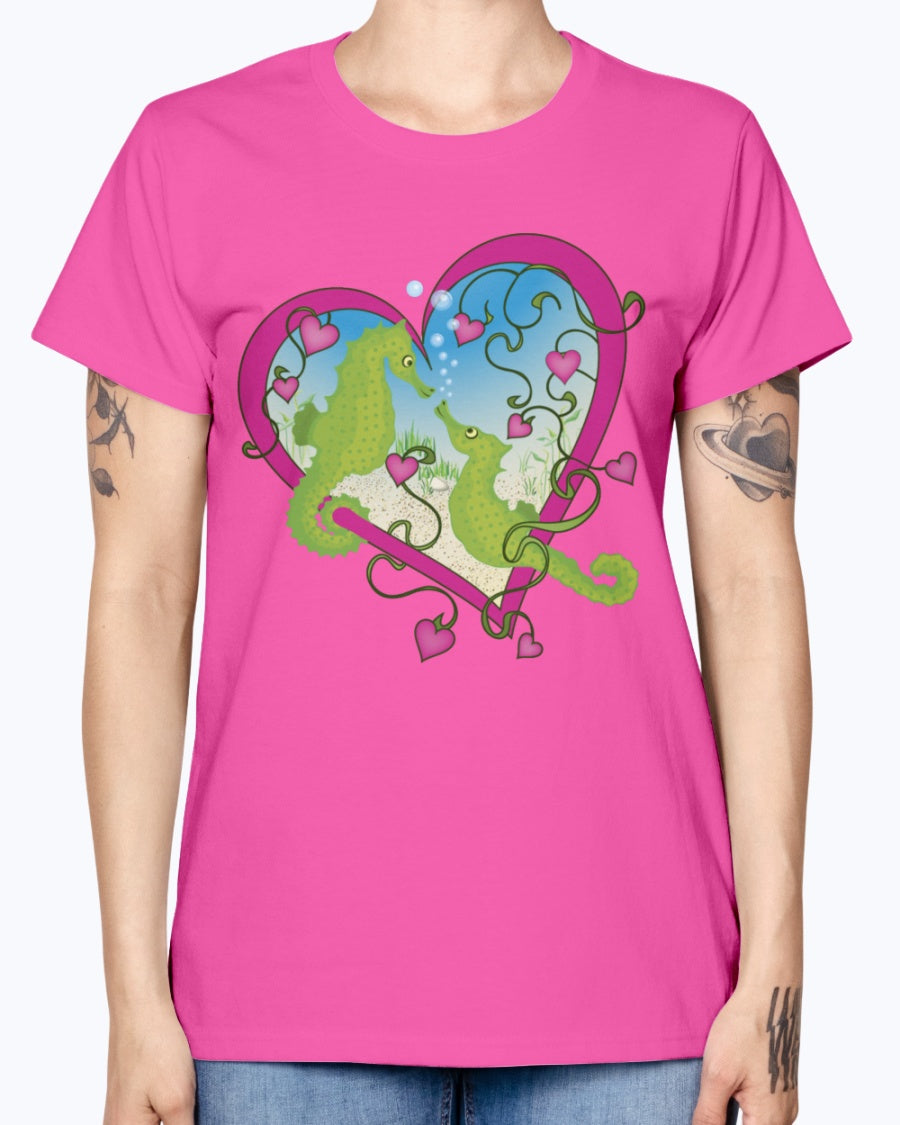 Gildan Ladies Missy T-Shirt. Seahorse Love
