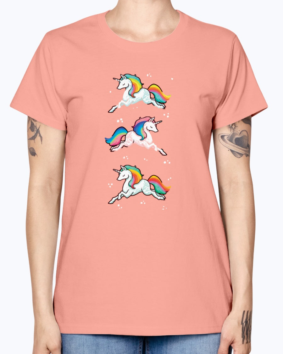 Gildan Ladies Missy T-Shirt. Unicorn rainbow cute