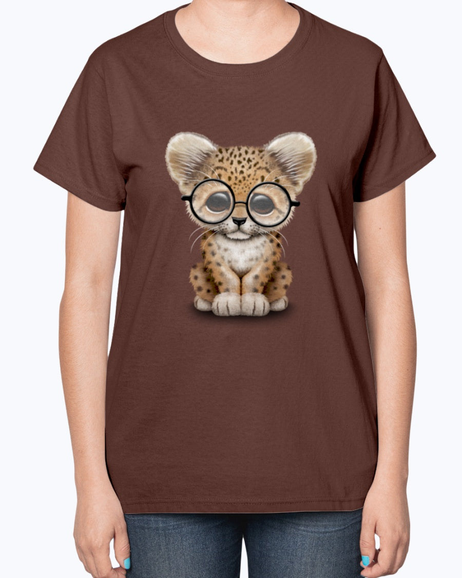 Gildan 2000L Ultra Cotton Ladies T-Shirt 13 colors Dark. Cute Baby Leopard Cub Wearing Glasses