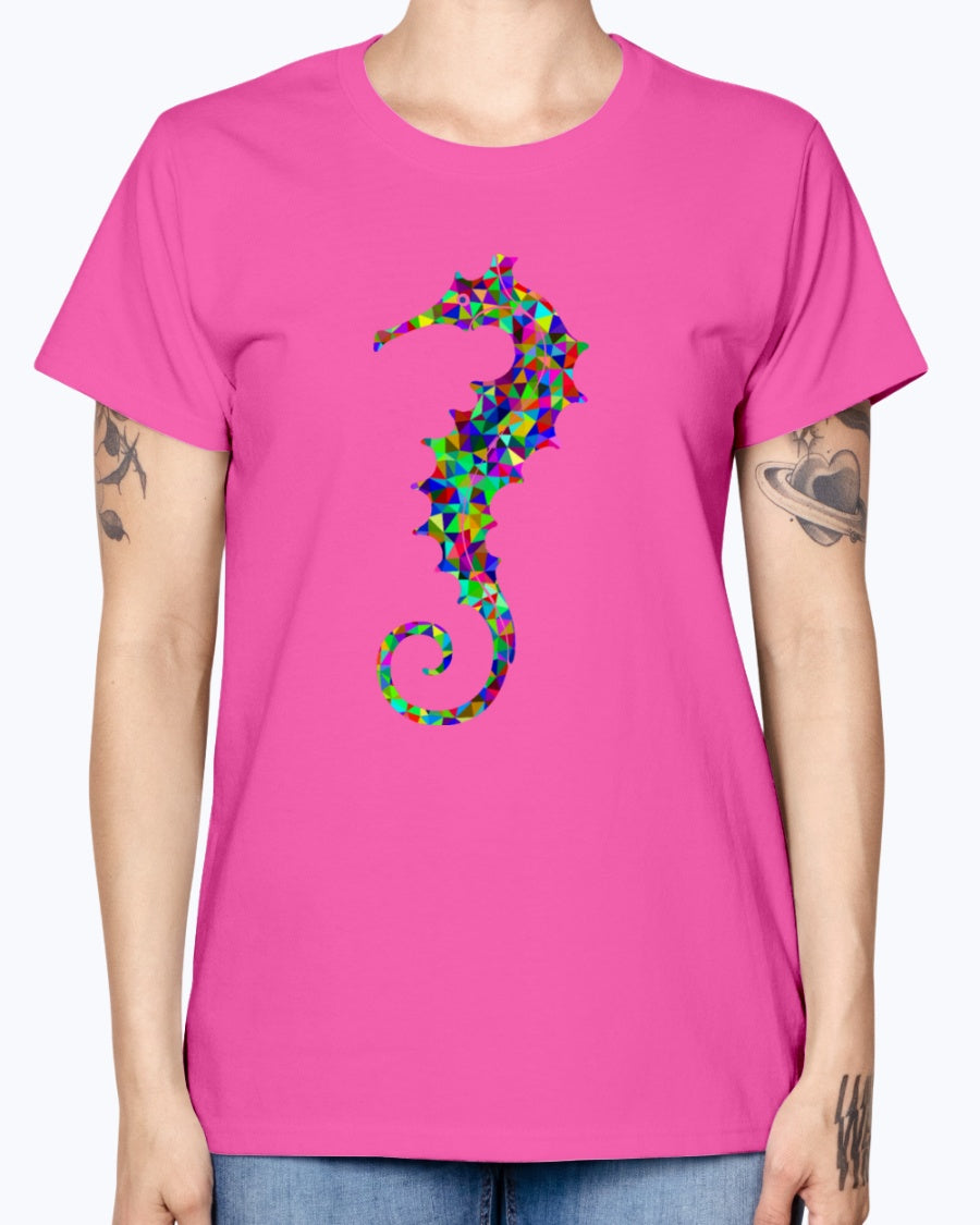 Gildan Ladies Missy T-Shirt. Prismatic Low Poly Seahorse