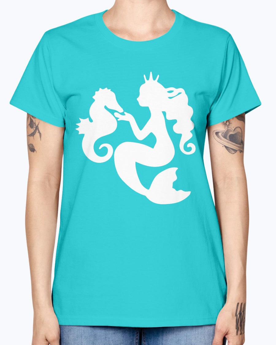 Gildan Ladies Missy T-Shirt. Mermaid& Seahorse.