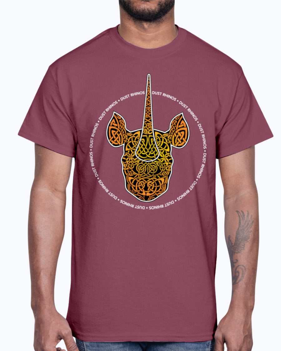 Men's Gildan Ultra Cotton T-Shirt 12 Dark colors.   Dust Rhinos Orange Knotwork