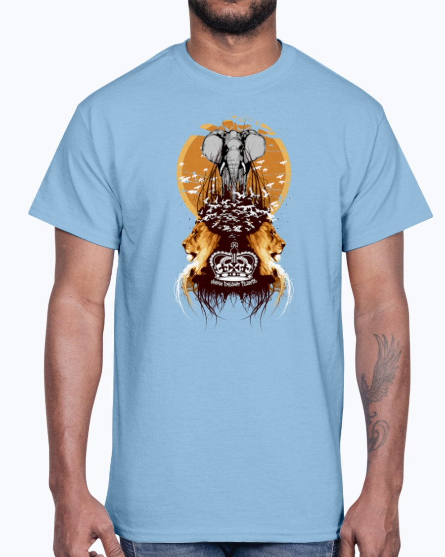 Men's Gildan Ultra Cotton T-Shirt Light coloros. White Elephant, Lions, and Birds Vintage Designer