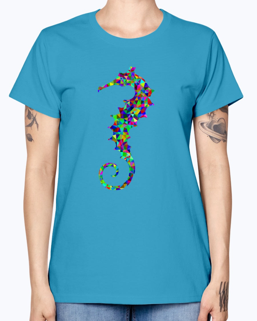 Gildan Ladies Missy T-Shirt. Prismatic Low Poly Seahorse