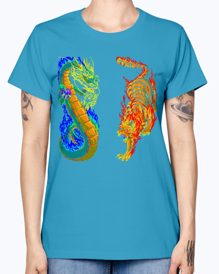 Gildan Ladies Missy T-Shirt 16 colors. Dragon vs Tiger