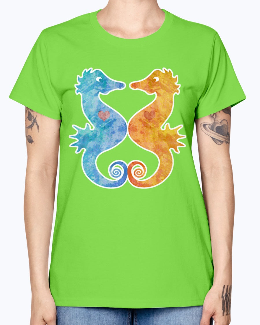 Gildan Ladies Missy T-Shirt. Seahorses in Love
