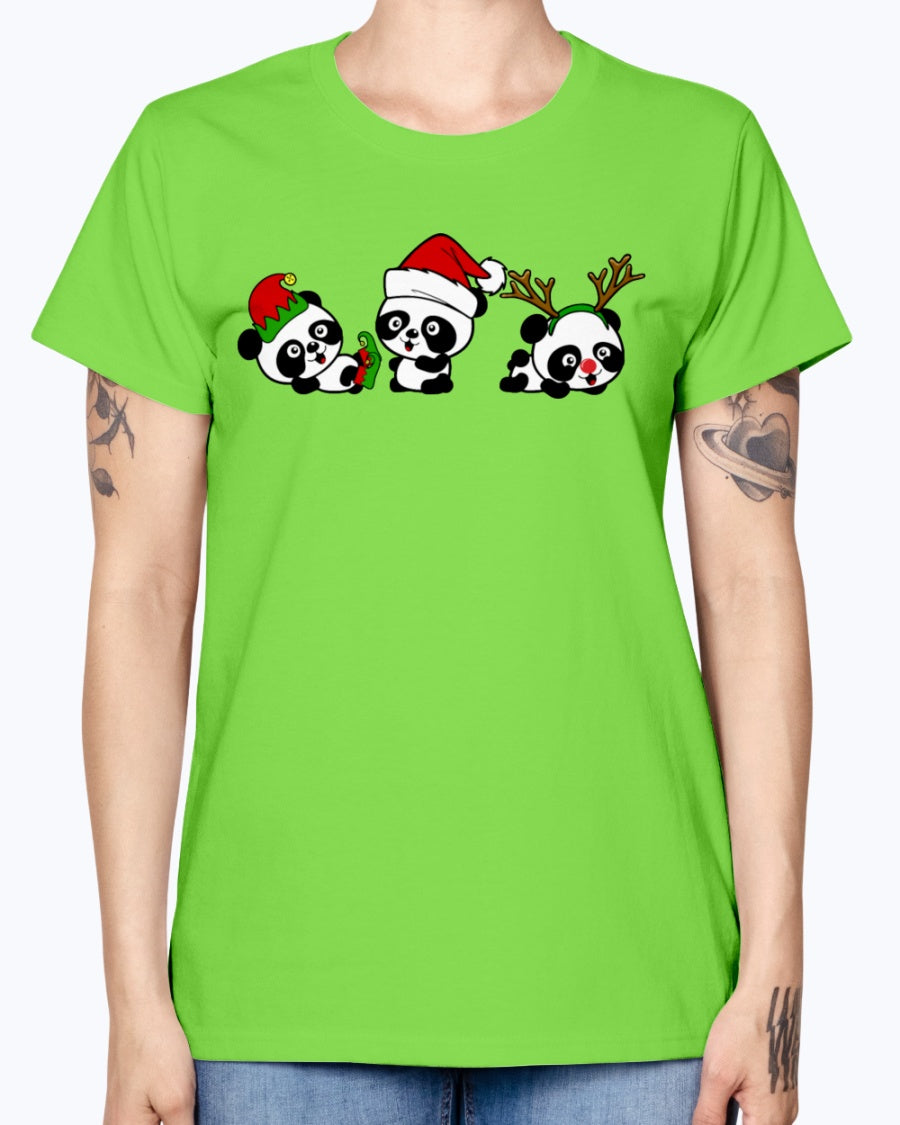 Gildan Ladies Missy T-Shirt. Christmas Pandas.