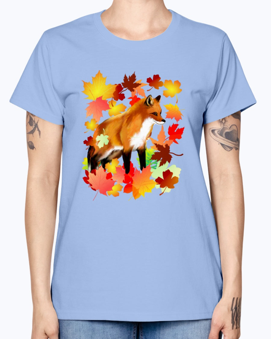 Gildan Ladies Missy T-Shirt 16 Light Colors       A FOX in FALL