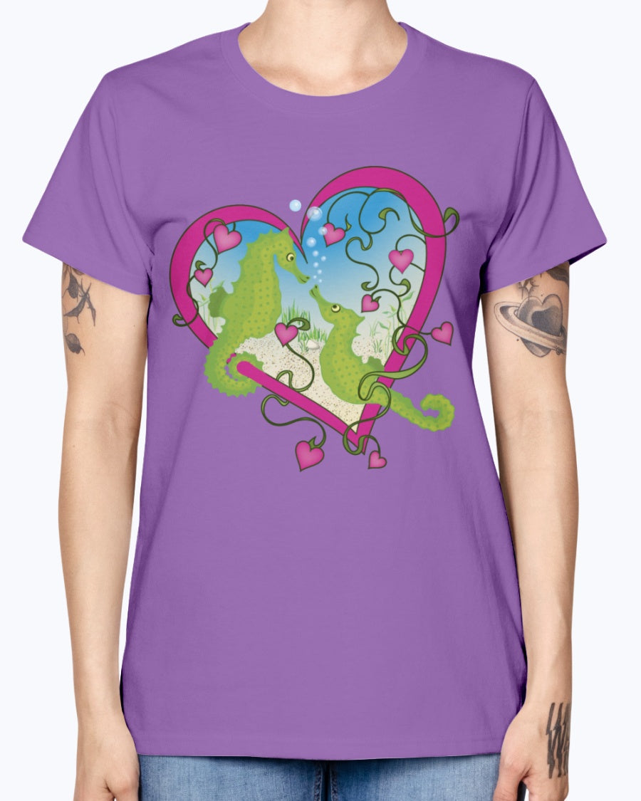 Gildan Ladies Missy T-Shirt. Seahorse Love
