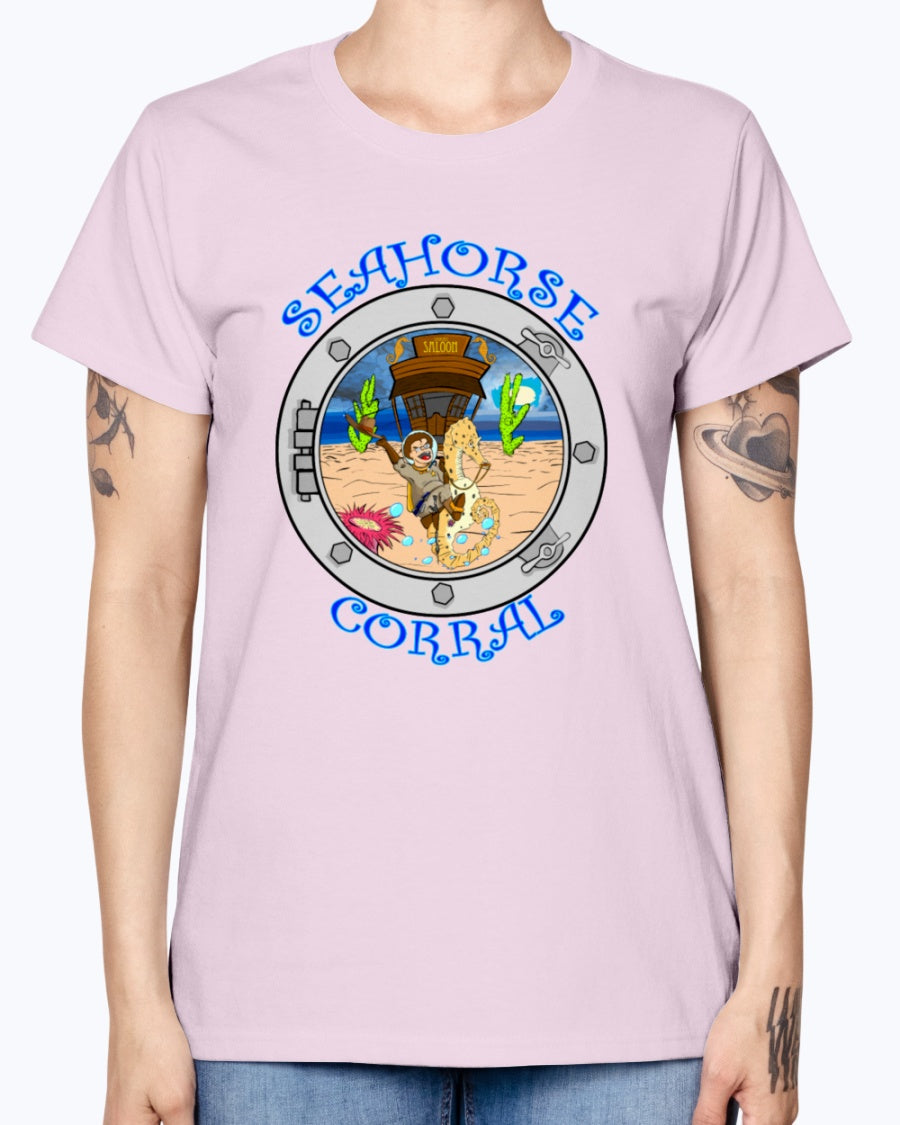 Gildan Ladies Missy T-Shirt. The Seahorse Corral