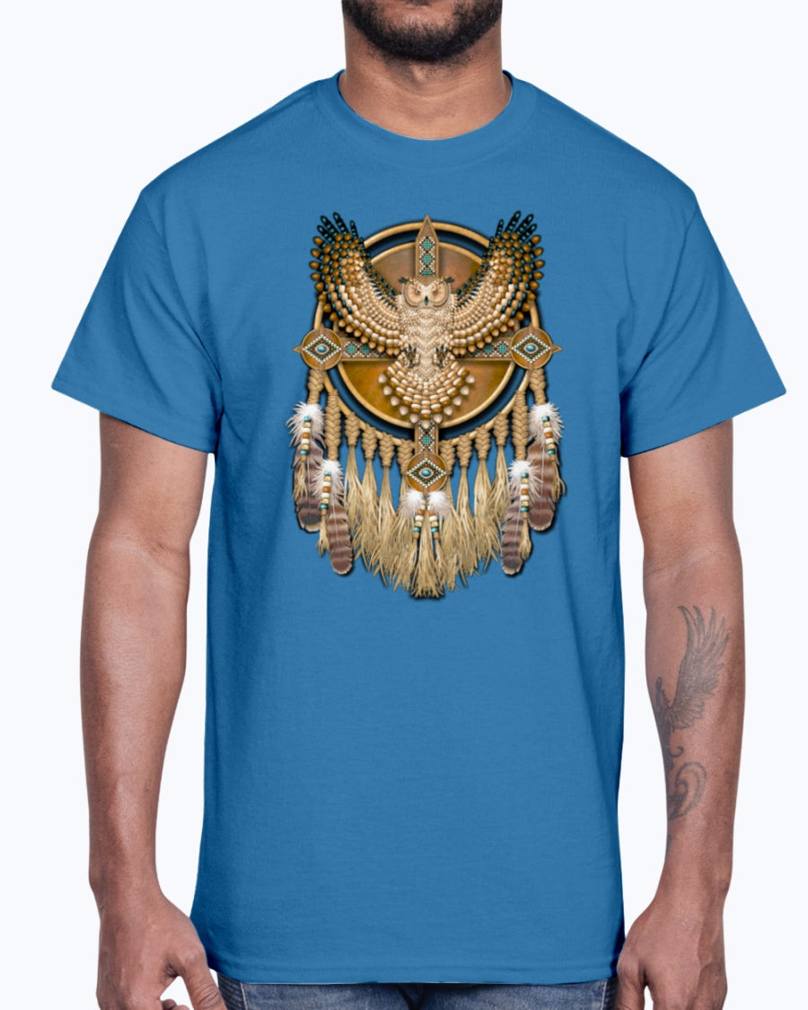 Men's Gildan Ultra Cotton T-Shirt 12 Dark colors. Beadwork Great Horned Owl Mandala