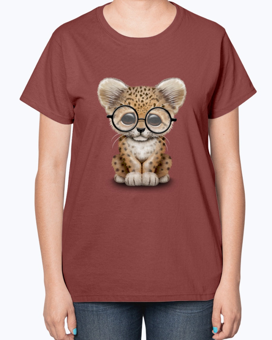 Gildan 2000L Ultra Cotton Ladies T-Shirt 13 colors Dark. Cute Baby Leopard Cub Wearing Glasses