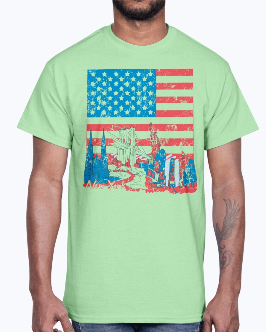 Men's Gildan Ultra Cotton T-Shirt 11 Light coloros      USA Flag and Attractions,  design-852 2